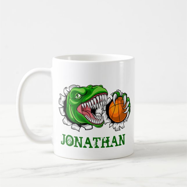 Caneca De Café Dinossauro de Basquetebol T-Rex Personalizado (Esquerda)
