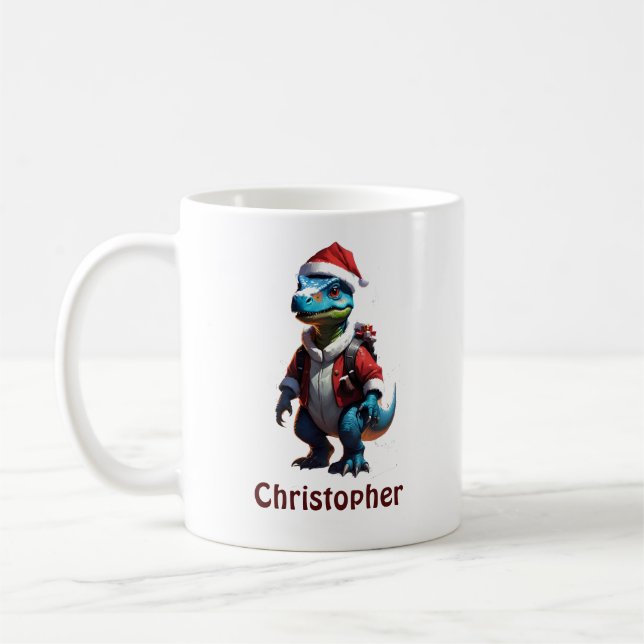 Caneca De Café Dinossauro de Natal Azul (Esquerda)