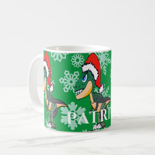 Caneca De Café Dinossauro de Natal Gelado Crianças Verde Quente C (Frente Esquerda)