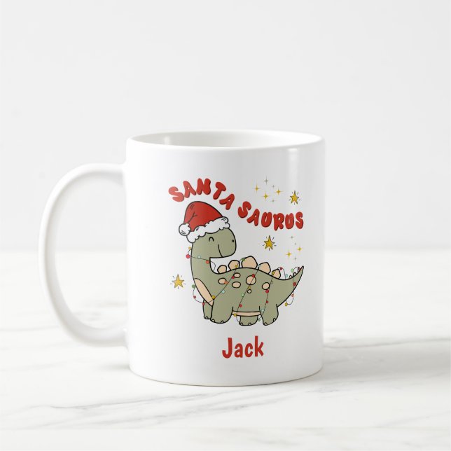 Caneca De Café Dinossauro de Natal Santasaurus Nome Retroativo (Esquerda)