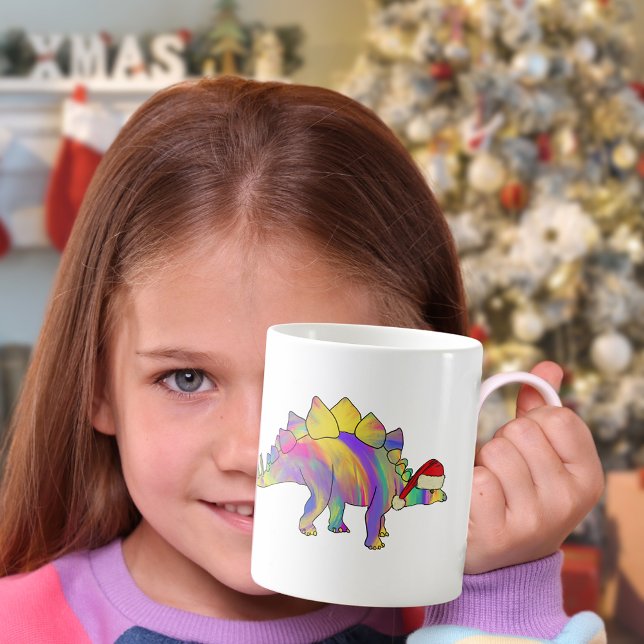 Caneca De Café Dinossauro de Natal Vestindo um Chapéu Santa (Christmas dinosaur mug cute dinosaur wearing a Santa hat colorful stegosaurus watercolor )