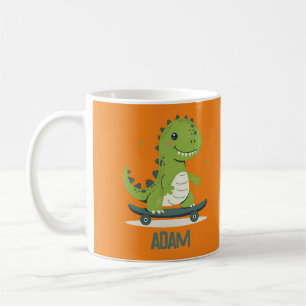 Caneca De Café Dinossauro De Skate Divertido Com Nome De Criança