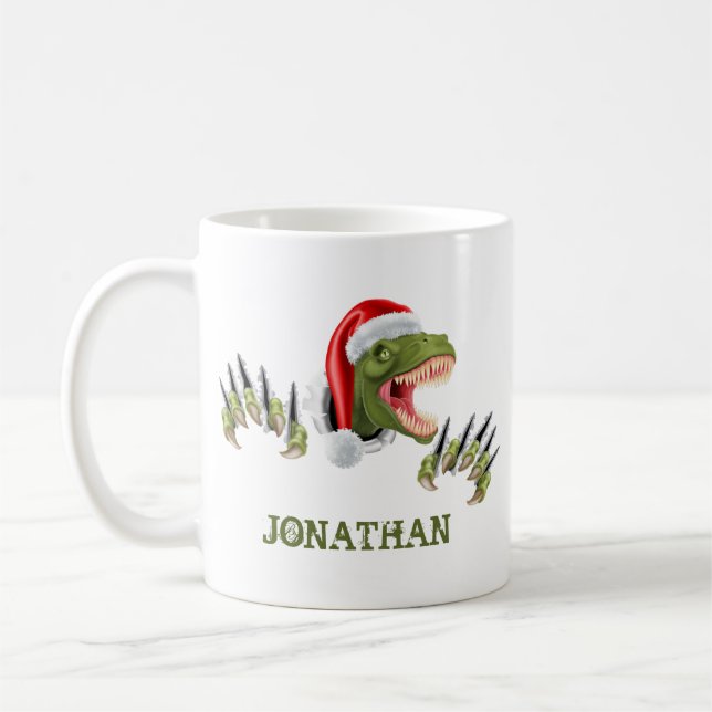 Caneca De Café Dinossauro Personalizado do T-Rex Santa Claus (Esquerda)