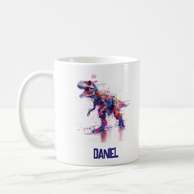 Caneca De Café Dinossauro T-Rex Futurístico Com Nome Para Criança (Esquerda)