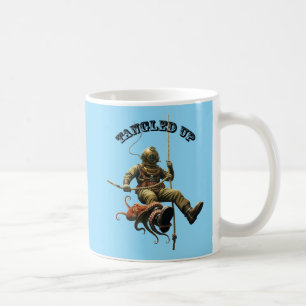 Caneca De Café Diver em capacete vintage em uma corda com um polv