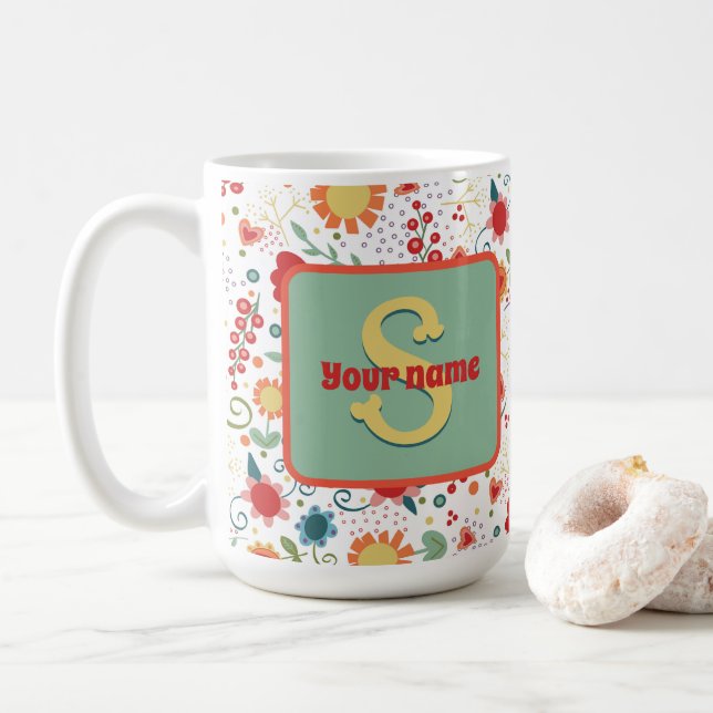 Caneca De Café Diversão Floral Monograma Nome Inspirividade Café  (Com Donut)