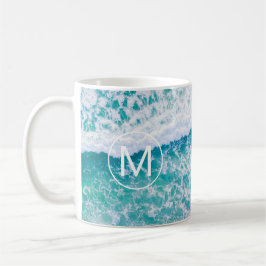 Caneca De Café DIY White Monogram in Circle, Beach Waves