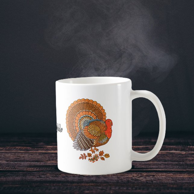 Caneca de Café do Dia de Ação de Graças Peru (Colourful male turnkey with fanned tail standing in leaves on Thanksgiving coffee or tea mug.)