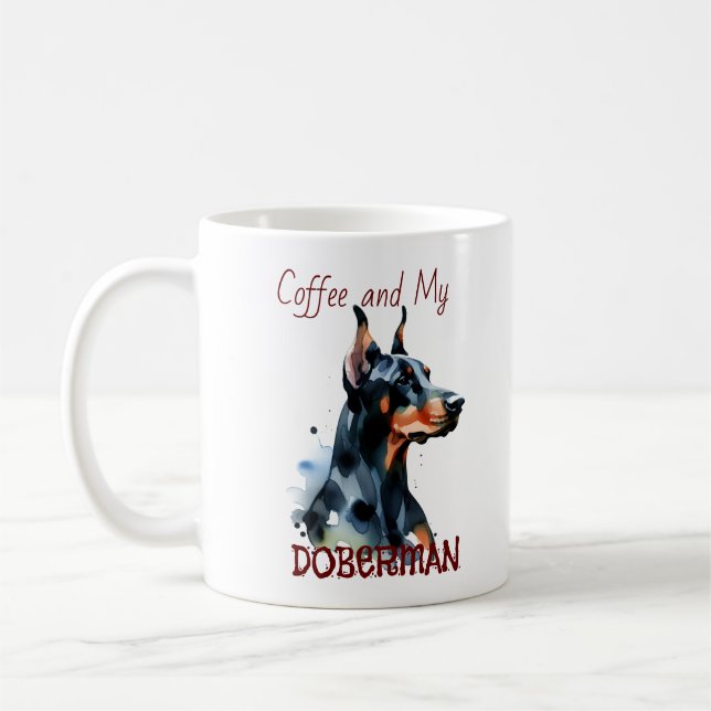 Caneca De Café Doberman Pincher Watercolor /Personalize Mug (Esquerda)
