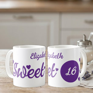 Caneca De Café Doce 16 nome 16º aniversário roxo