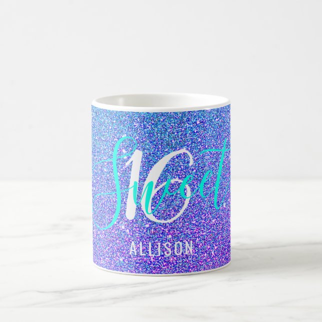 Caneca De Café Doce 16 Teal Purple Glitter Nome Personalizado (Centro)
