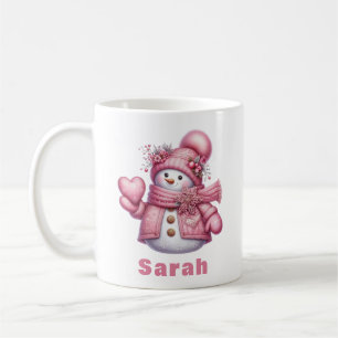 Caneca De Café Doce Coração Segurando Pink Snowman no Natal