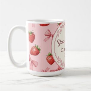 Caneca De Café Doce Morango Rosa e Laços Padrão Nome Personalizad