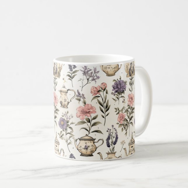 Caneca De Café Doces e Flores de Jardim - Padrão Encantador (Frente Esquerda)