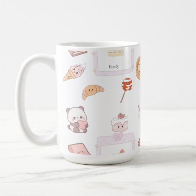 Caneca De Café Doces Tratamentos Kawaii Rosa Fofo Design de Sobre (Esquerda)