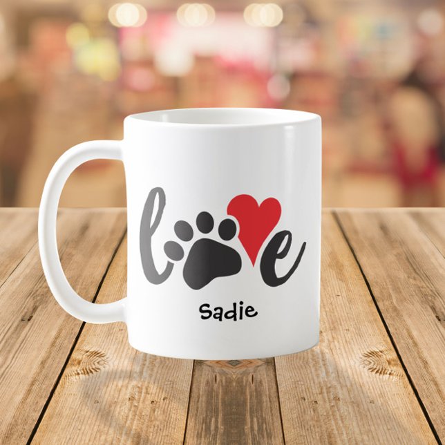 Caneca De Café Dog Love Pet Paw Print & Heart Custom Name (Criador carregado)