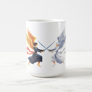 Caneca De Café Dois Anjos com espada grande com asas abertas