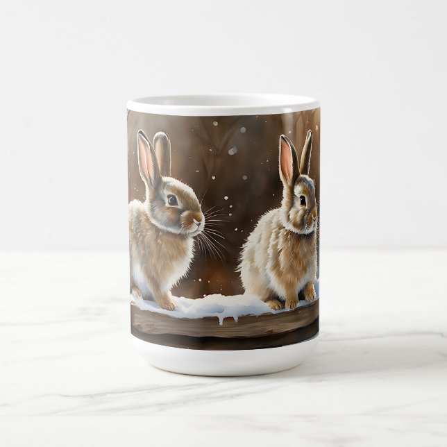 Caneca De Café Dois coelhos bonitos em um banco na neve (Centro)