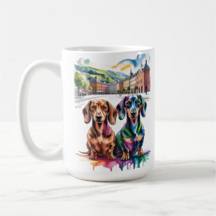 Caneca De Café Dois Dachshunds Coloridos na Praça da Cidade Europ