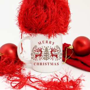 Caneca De Café Dois Deers Feliz Natal Vermelho e Marrom