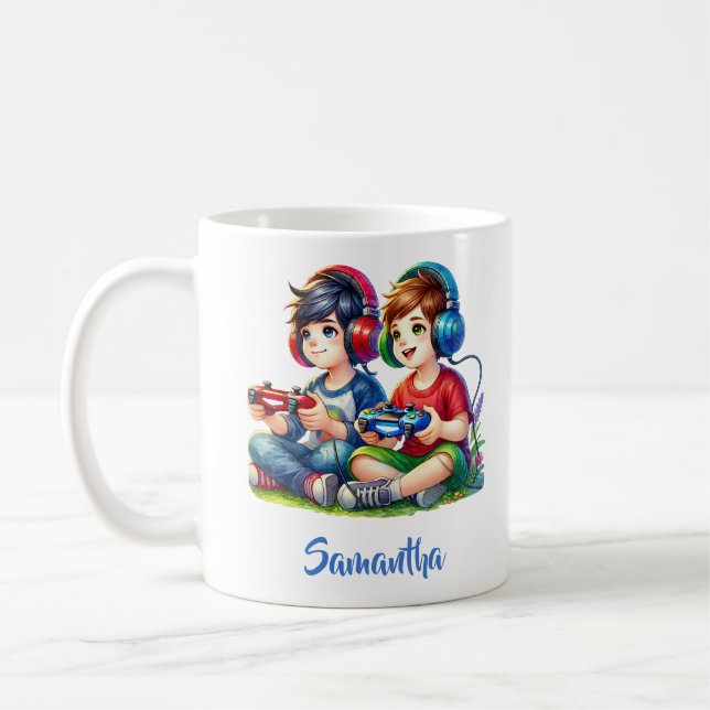 Caneca De Café Dois meninos jogando fones de ouvido de jogos (Esquerda)