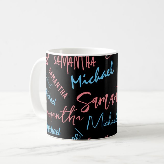 Caneca De Café Dois nomes casal padrão monograma rosa claro azul (Frente Esquerda)