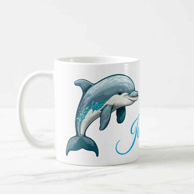 Caneca De Café Dolphin with custom Name blue sea animal Design (Esquerda)