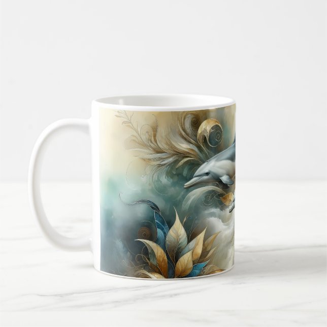 Caneca De Café Dolphins Golden Botanical Dreamscape (Esquerda)