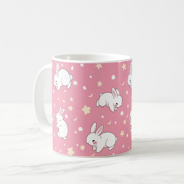 Caneca De Café Doodle de Coelho Kawaii Rosa Fofo (Frente Esquerda)