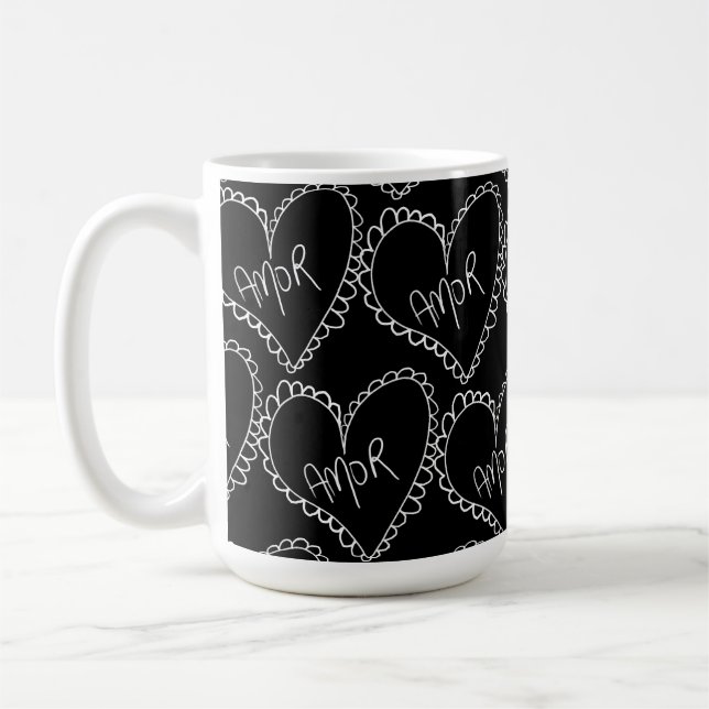 Caneca De Café Doodles Black Hearts Valentines Day Pink (Esquerda)