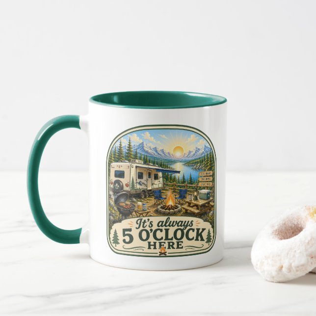 Caneca de Café dos Acampadores - Aqui é Sempre 5 H (Com Donut)