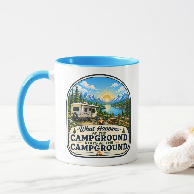 Caneca de Café dos Acampantes O que acontece no ac (Com Donut)