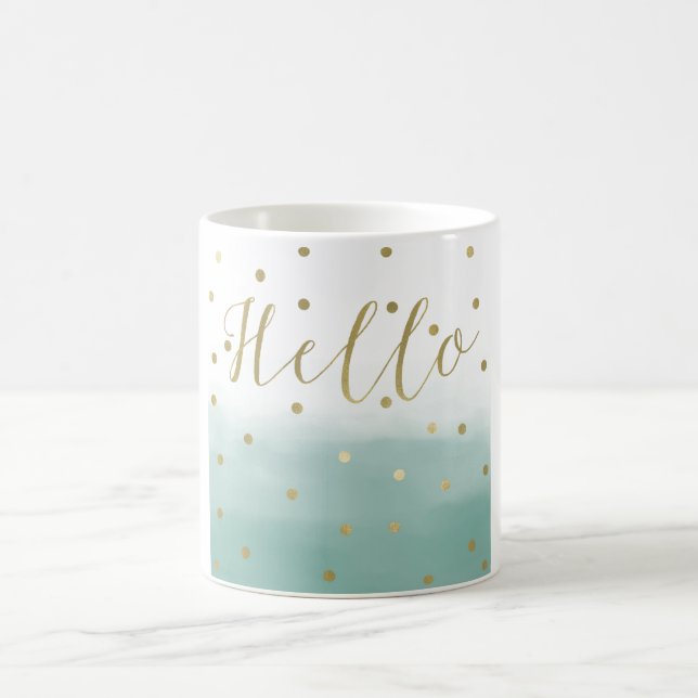 Caneca De Café Dourada Confetti Mint Watercolor Hello (Centro)
