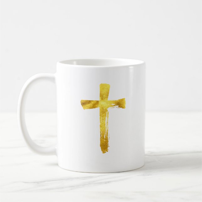 Caneca De Café Dourada Cruz de Pincel - Crucifixo Religioso Crist (Esquerda)