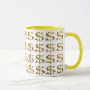 Caneca de café dourada do sinal de dólar
