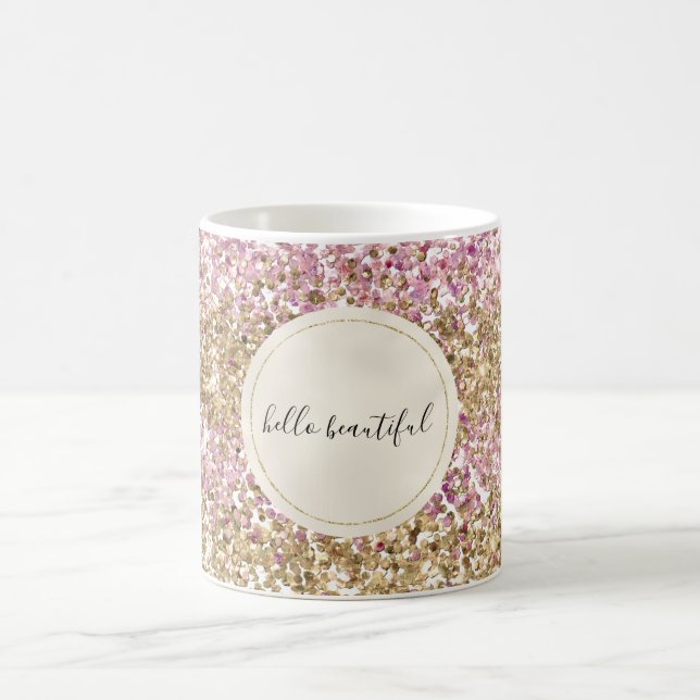 Caneca De Café Dourada Glitter de Confetti Rosa Personalizada     (Centro)