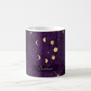 Caneca De Café Dourada Lua Fases Estrelas Roxas Personalizadas