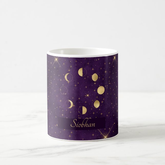 Caneca De Café Dourada Lua Fases Estrelas Roxas Personalizadas (Centro)