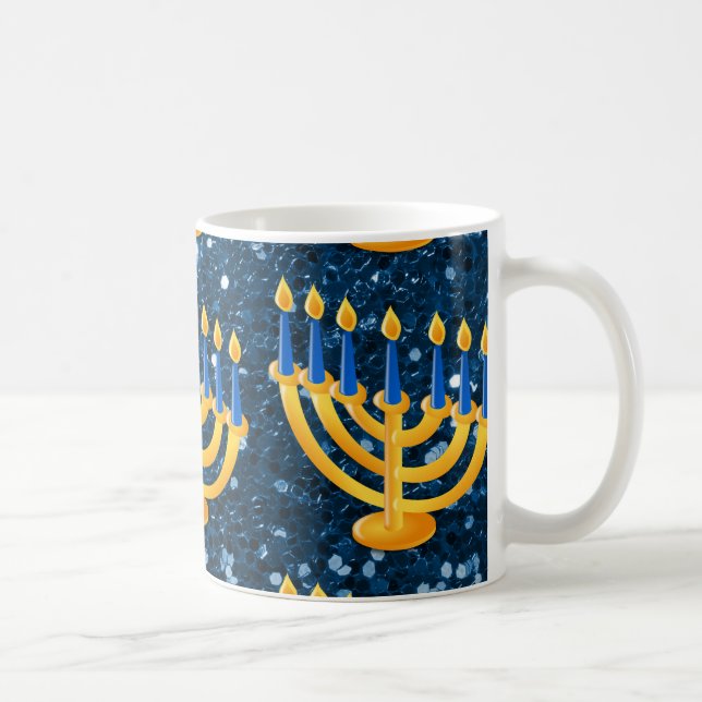 Caneca De Café Dourada Menorah Blue Faux Glitter (Direita)