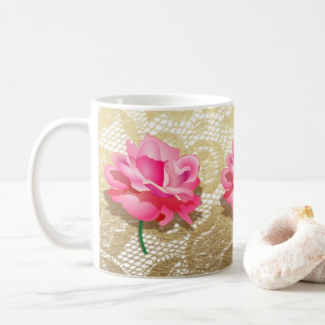 Caneca De Café Dourada renda Floral Rosa Rosa Rosa Rosa Rosa Rosa (Com Donut)