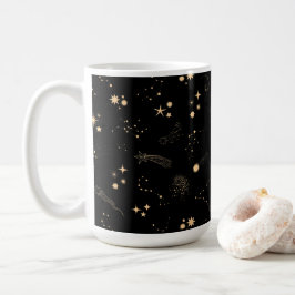 Caneca De Café Douradas estrelas disparando cometas planetas noit