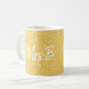 Caneca De Café Dourado Amarelo Personalizado Sra. Glitter Inicial