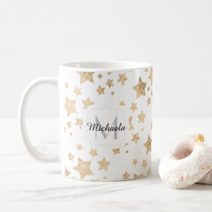 Caneca De Café Dourado brilho Estrelas Natal Monograma branco