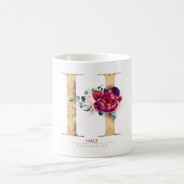 Caneca De Café Dourado Brilho H Monograma Vermelho Borgonha Flora (Centro)