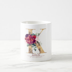 Caneca De Café Dourado brilho K Monograma Vermelho Borgonha Flora