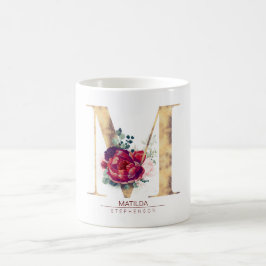 Caneca De Café Dourado brilho M Monograma Vermelho Borgonha Flora