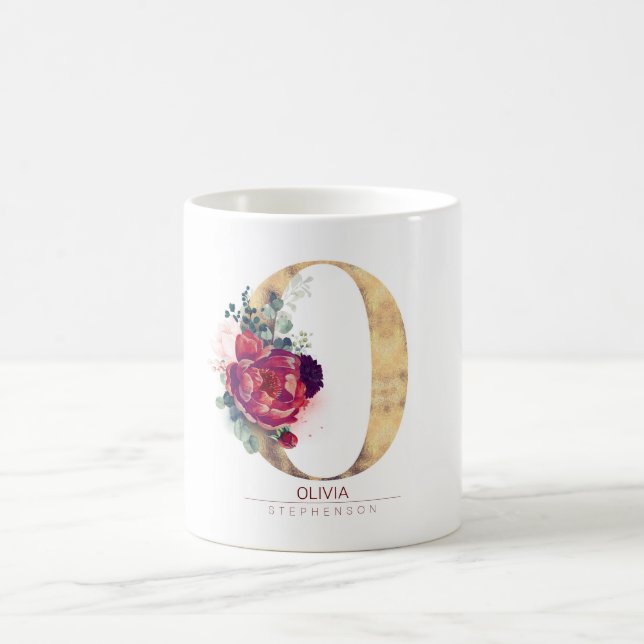 Caneca De Café Dourado Brilho O Monograma Vermelho Borgonha Flora (Centro)