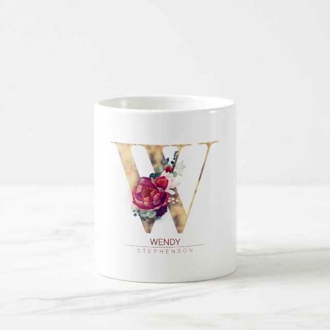 Caneca De Café Dourado brilho W Monograma Vermelho Borgonha Flora (Centro)