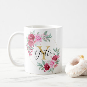 Caneca De Café Dourado Cor de Água Rosa Vermelha Monograma Floral