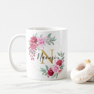 Caneca De Café Dourado Cor de Água Rosa Vermelha Monograma Floral